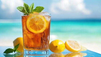A chilled glass of iced tea with lemon and mint, resting on a glass table with a beach scene in the background
