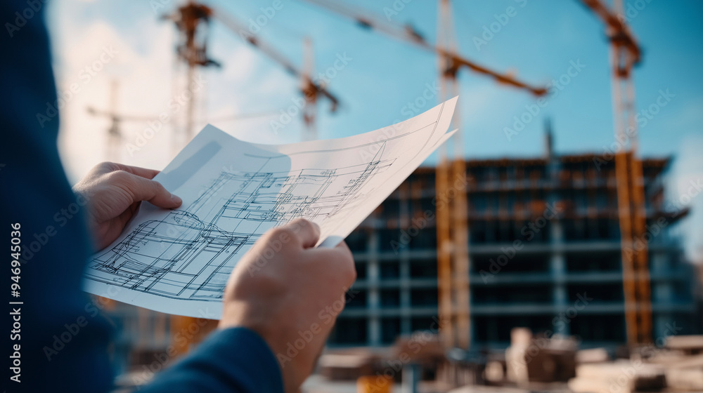 Poster a blueprint is tightly held by a hand, with the distant view of industrial cranes and skeletal build