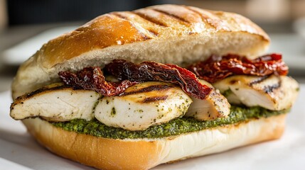 A chicken and pesto sandwich with grilled chicken breast, basil pesto, sun-dried tomatoes, and mozzarella cheese on a ciabatta roll
