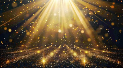 Radiant golden stars and shimmering light beams on a black background, award ceremony or party banner design