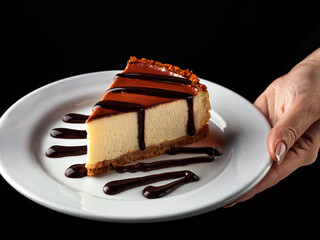 A single slice of cheesecake displayed on a white plate, emphasizing its creamy layers and...
