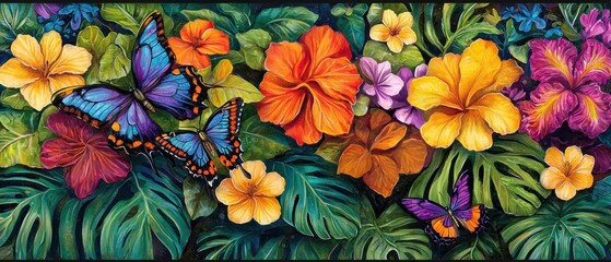 Naklejka premium Vibrant Butterflies and Flowers in a Tropical Paradise