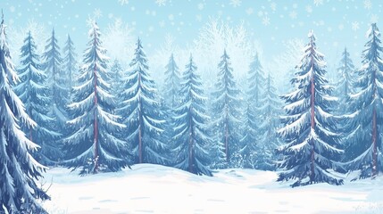 Obraz premium Snow-covered forest landscape with tall evergreens and gentle snowfall in a serene winter setting