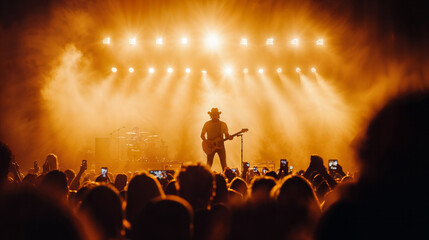 Country western singer with guitar on stage backlit by spotlights
