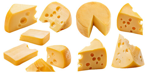 Collection of swiss cheese slices isolated on transparent background