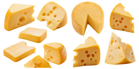 Collection of swiss cheese slices isolated on transparent background