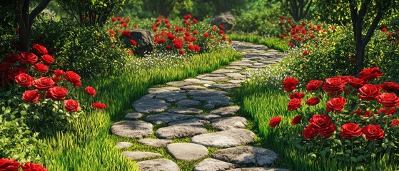 Stone Path Winding Through Lush Garden with Red Roses