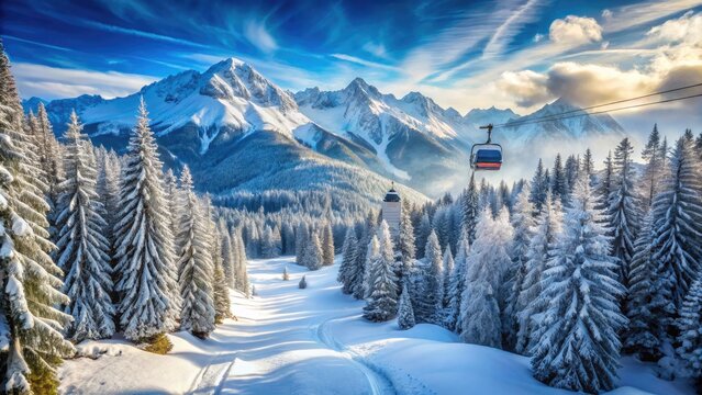 Snow-capped Austrian Alps tower above a serene, snow-covered forest, with freshly groomed ski trails and chairlifts waiting to be explored in the winter wonderland.