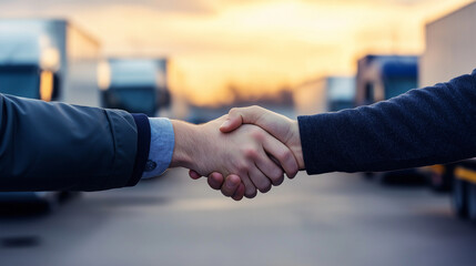 A close-up of hands shaking in agreement, with a fleet of trucks parked in front of a warehouse visible in the background, symbolizing a crucial logistics partnership.