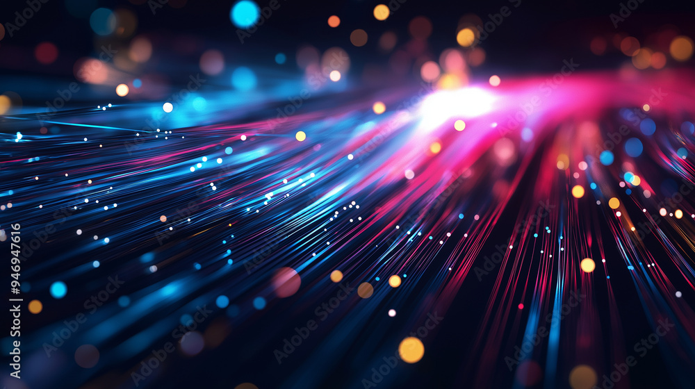 Poster a dynamic visual of a fiber optic cable with colorful light streams flowing through it, representing