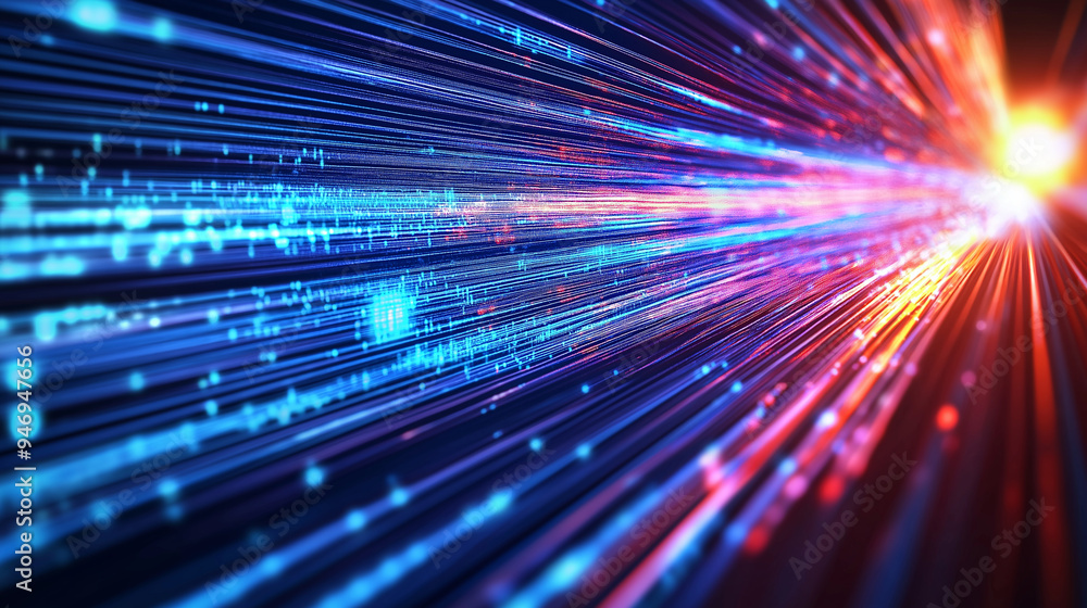 Poster a dynamic visual of a fiber optic cable with colorful light streams flowing through it, representing