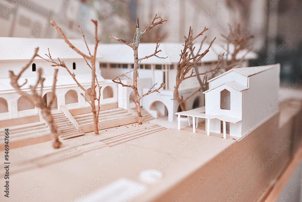 Poster Empty, business and architecture with model in 3d for infrastructure, design and building plan. Office, room and interior with prototype of property for remodeling project, development and detail