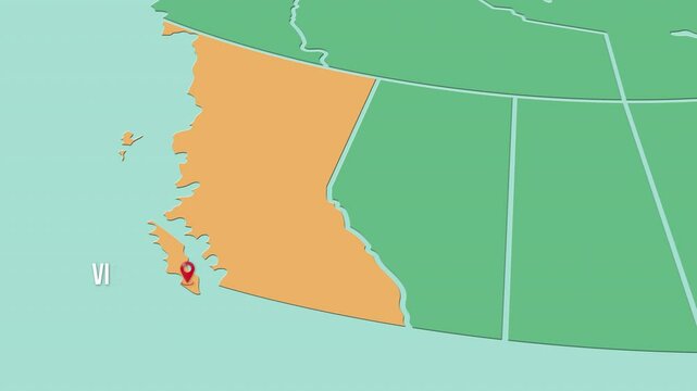 Mapa de Canad&aacute; con divisi&oacute;n pol&iacute;tica resaltando el territorio de  Columbia Brit&aacute;nica con la capital Victoria.