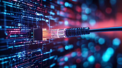 A fiber optic cable glowing against a digital backdrop of interconnected nodes, representing the seamless connectivity provided by modern internet networks.