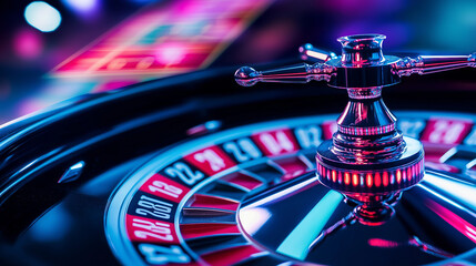 The roulette wheel with a glowing neon light streak spinning around it, symbolizing the fast-paced energy of a casino night.
