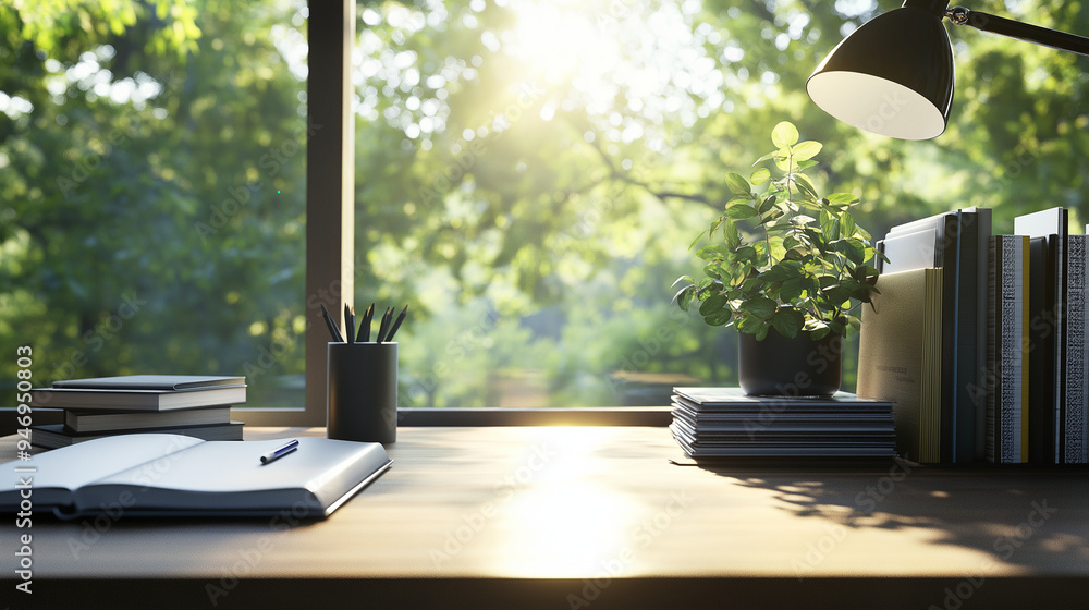 Poster a minimalist workspace with a wooden table, a neatly arranged stack of books, and a sleek desk lamp,