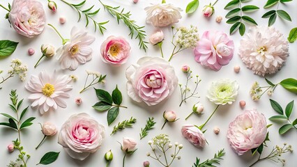 Soft pink petals and delicate floral blooms scattered across a minimalist white background, surrounded by subtle greenery and natural textures in a serene flat lay composition.