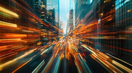 Urban Nighttime Street with Motion Blur of Lights and Buildings