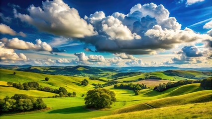 Fototapeta premium Soft white clouds drift lazily across a brilliant blue sky, casting dappled shadows on the rolling hills and lush green meadows below.