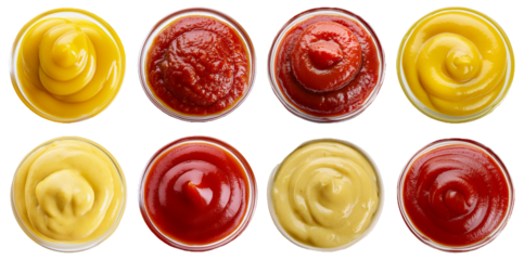 Variety of ketchup and mustard servings in small bowls isolated on transparent background