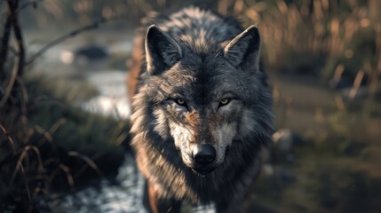 Obraz premium Wolf in foreground with natural landscape generative ai