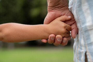Close-Up of Elderly Grandfather and Young Grandson Holding Hands in the Park, Symbolizing Generational Bond and Trust