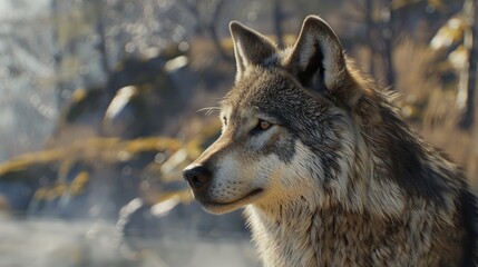 Fototapeta premium Wolf in foreground with natural landscape generative ai