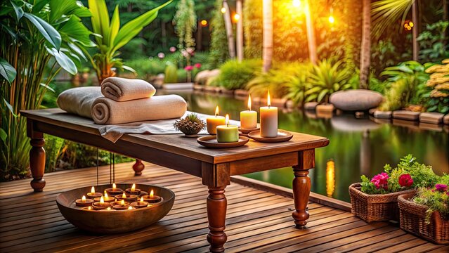 Soothing ambiance of a serene spa, ornate wooden massage table adorned with traditional Thai herbal compresses and calming candles, inviting relaxation and rejuvenation.