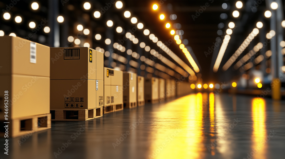 Poster a row of neatly stacked cardboard boxes on pallets, illuminated by overhead warehouse lights, with c