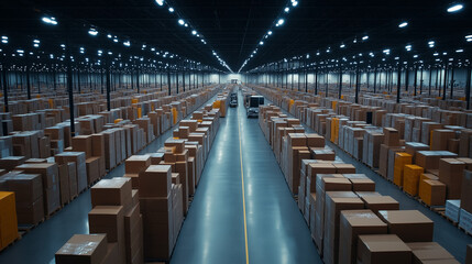Fototapeta premium A wide shot of a distribution warehouse filled with rows of cardboard boxes, with the loading dock visible in the background.