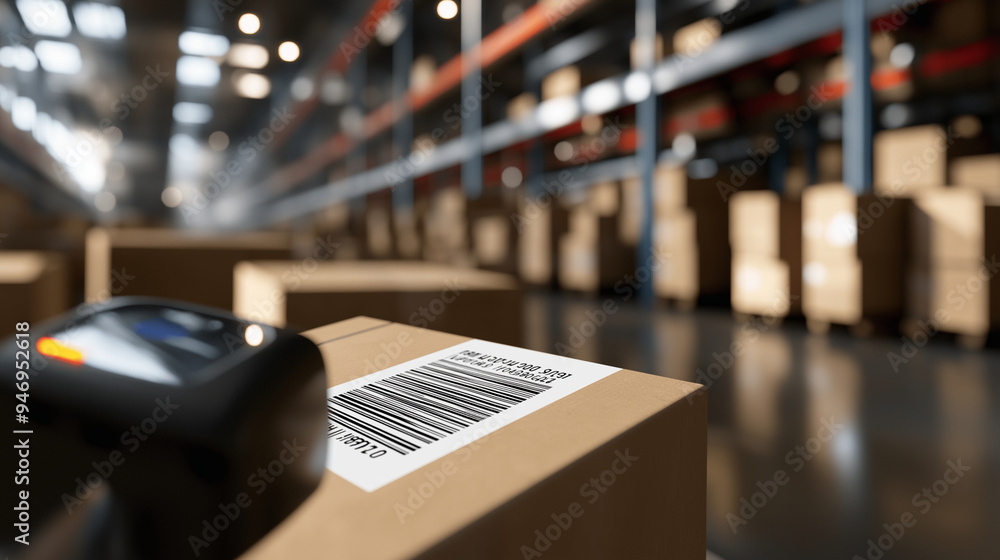 Poster a close-up of a barcode scanner reading the label of a cardboard box, with rows of boxes blurred in 
