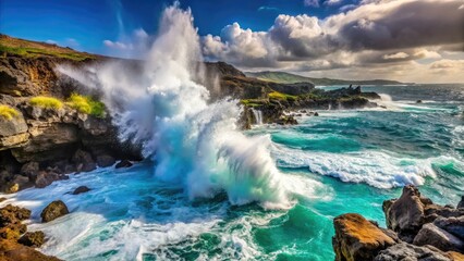 Fototapeta premium Sparkling turquoise ocean waves crash against rugged volcanic coastline, sending plumes of misty spray high into the air through Halona Blowhole's rocky aperture.