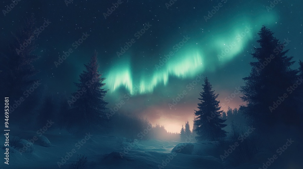 Canvas Prints Aurora Borealis Illuminating a Snowy Forest at Night