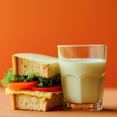 A Glass of Milk and a Cheese and Tomato Sandwich