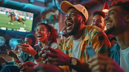 Group of Friends Excitedly Watching Sports and Placing Bets on Their Smartphones in a Lively Bar
