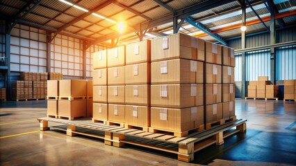 Stacked boxes on a wooden pallet, wrapped in packing straps, await shipment, surrounded by a cluttered warehouse background with crate labels and shadows.