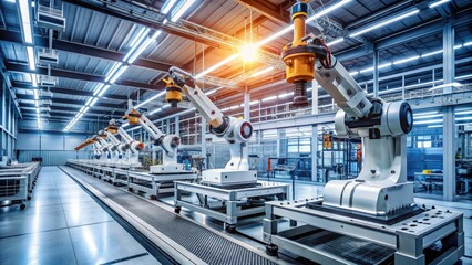 State-of-the-art robotic arms assemble precision parts on a sleek production line, surrounded by stainless steel machinery and futuristic LED lighting in a modern factory.