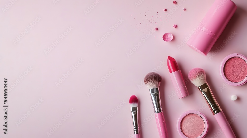 Poster cosmetic products like lipstick and makeup brushes are neatly arranged on a soft pastel background f