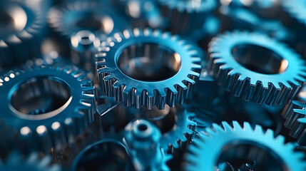Close-up of interlocked blue metal gears representing teamwork and machinery.