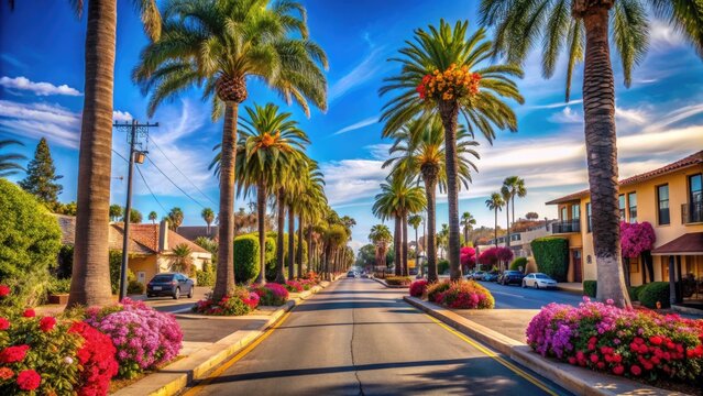 Sun-kissed palms and vibrant flowers line the scenic streets of La Mesa, San Diego, capturing the essence of a charming California small-town suburban atmosphere.
