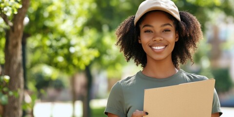 Young Woman Smiling in Park with Cardboard Sign