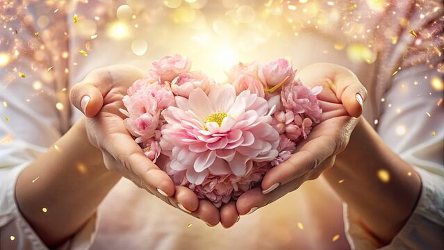 Tender arms envelop a delicate, blooming heart, surrounded by soft petals and warm light, exuding a sense of gentle, peaceful, and unconditional love and devotion.