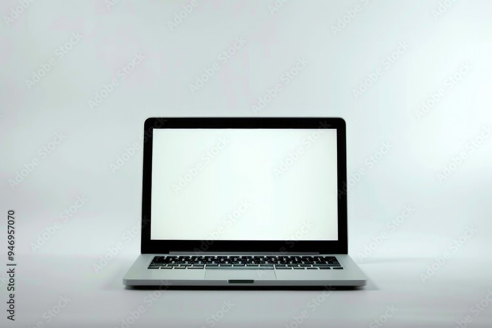 Poster a laptop computer sitting on a flat surface, ready for use