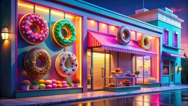 Vibrant 3D illustration of a colorful donut shop storefront, adorned with neon signs, colorful sprinkles, and mouthwatering treats, inviting customers to indulge in sweetness.