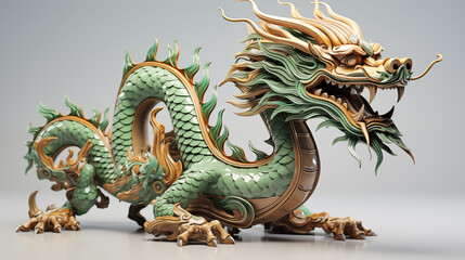 Fototapeta premium A green dragon with a gold head and a long tail