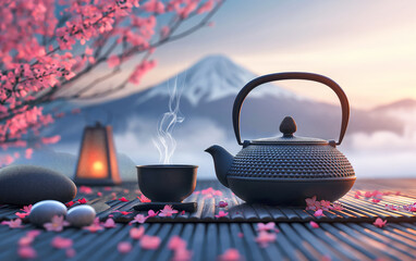 tea ceremony under the branches of cherry blossoms with Fuji in the background