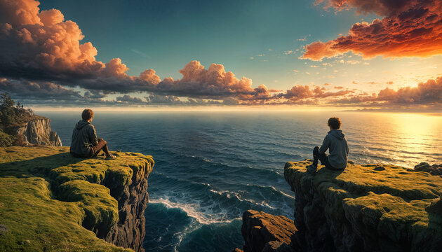 Two boys sitting apart on a mossy rock ledge looking down upon ocean during sunset