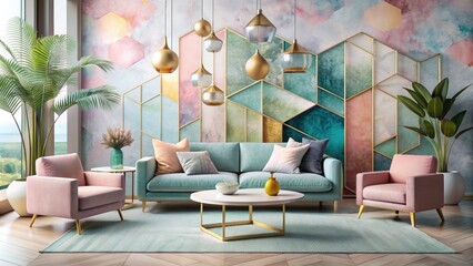 Vibrant abstract composition featuring soft watercolor shapes, metallic accents, and subtle geometric patterns, evoking a sense of modern elegance and sophisticated luxury in a refined palette.