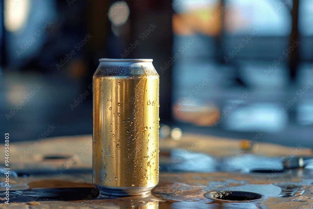 Poster a single can of beer resting on a table surface