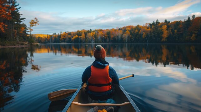 Adventurer canoeing in autumn forest reflection on tranquil lake